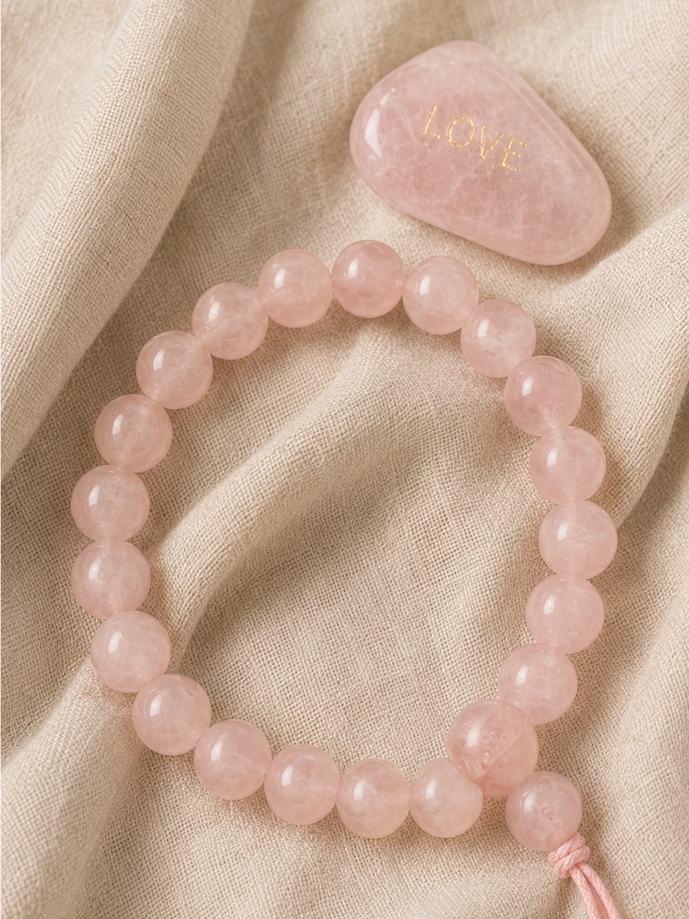🎁 Artisan Rose Quartz Gemstone Bracelet & LOVE Gold Etched Pocket Stone Gift Set